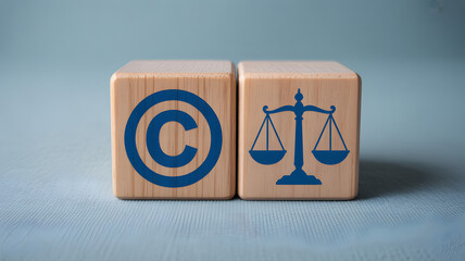 Copyright law symbol on wooden blocks with scales of justice