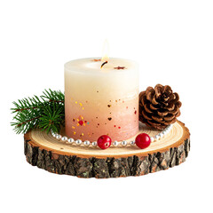  A Christmas candle in the exposition with a pine cone and juniper twigs on a cherry cut. PNG. Everything is decorated with sequins, beads. A bright beautiful photo for the background, for a ... (3)