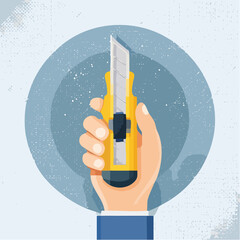 Hand Holding Yellow Box Cutter On Blue Circle Background