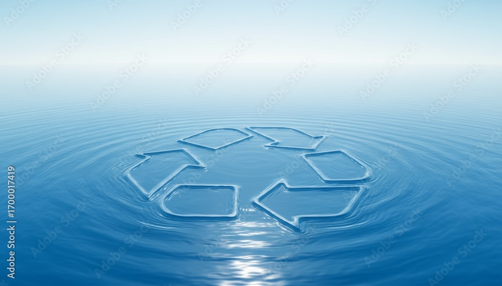 Poster clean blue water ripple effect with circular symbols representing renewable concepts in a calm aquat