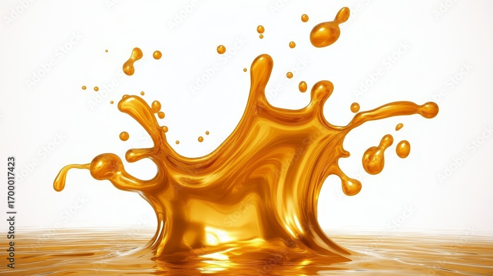 Poster dynamic and abstract splash of golden liquid with smooth texture, creative art element on white