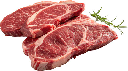 sliced raw pork meat with rosemary and peppercorn isolated on white background