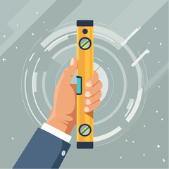 Hand Holding Yellow Spirit Level Tool on Grey Digital Background