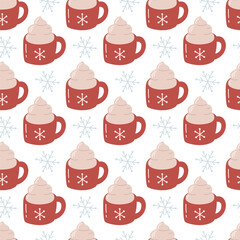 Seamless Christmas Pattern with Hot Cocoa Mug and Snowflakes, Cute Winter Holiday Illustration