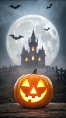 Halloween pumpkin with a spooky castle background