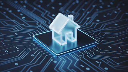 Glowing digital house symbol on circuit board with binary code