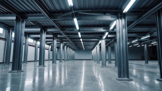 This video showcases a spacious empty warehouse with tall metal columns and polished concrete floors. Bright fluorescent lighting highlights the industrial design and vast open area, perfect for stora