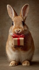 Obraz premium Rabbit holding a small gift box with a red ribbon in a cozy indoor setting