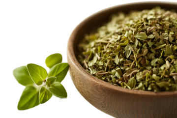 A close-up of a wooden bowl of dried oregano with a brightly lit fresh oregano sprig in the foreground, isolated on white.