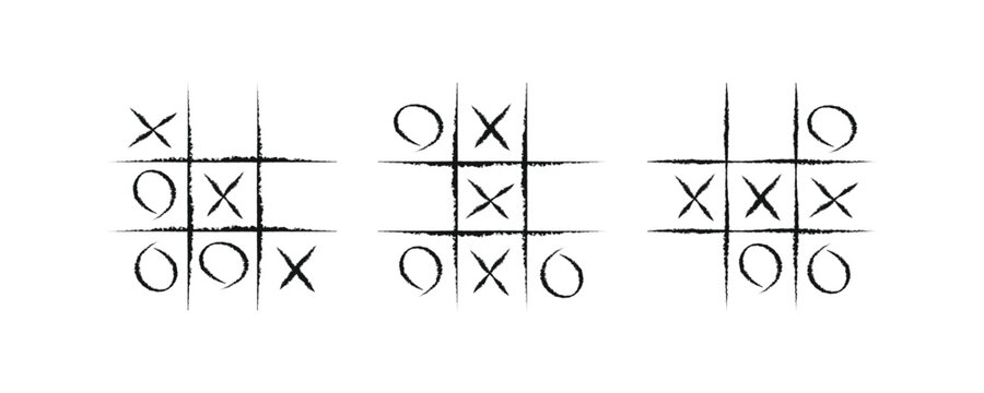 Classic tic-tac-toe game illustration. Hand-drawn X and O symbols in grunge style. Perfect for game icons, backgrounds, or retro design projects
