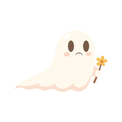 Cute sad ghost holding flower vector illustration. Perfect for Halloween stickers, party designs, and adorable seasonal decorations.