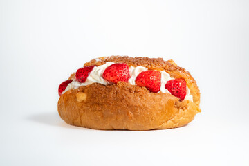 fresh cream bread with strawberries isolated on white background