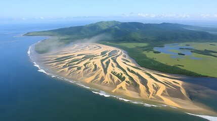 Aerial View of Stunning Tropical River Delta Meeting the Blue Ocean