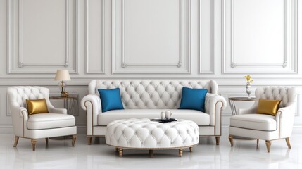 Living room with stylish white sofa, armchair, and minimalist table, set against sleek white walls with ample light and modern design.