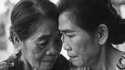 Two elderly Asian women, one older than the other, engaged in a gentle conversation. The woman on the left displays an affectionate gesture to her companion.