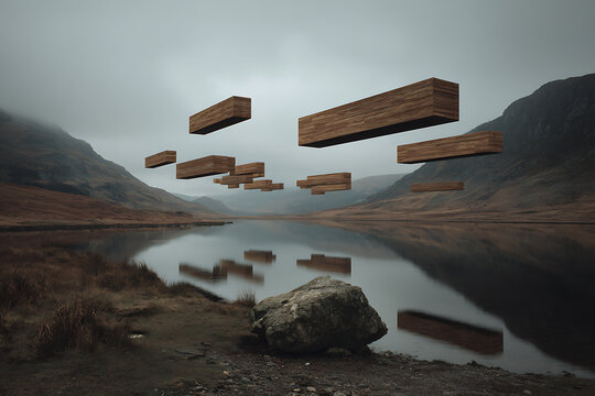 Floating wood blocks over lake landscape nature photography art surrealism digital design stock photo image