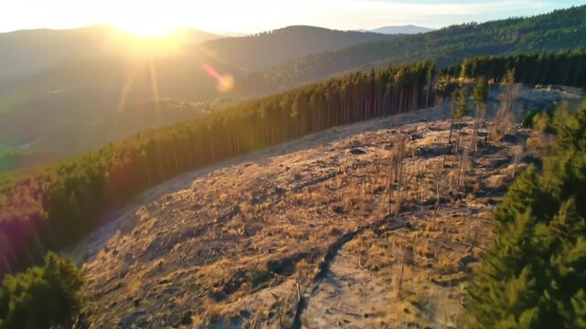 Deforestation Aerial View: Sunlight on Cleared Forest Hillside Landscape