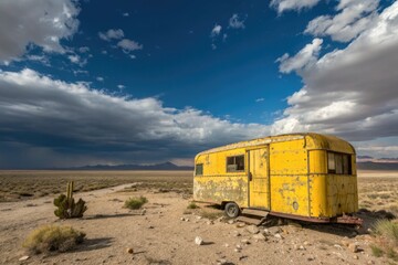 Fototapeta premium Abandoned Yellow Trailer in the Desert Under a Stormy Sky