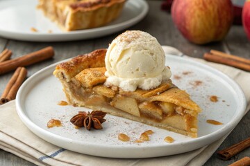 Delicious Slice of Apple Pie Topped With Vanilla Ice Cream and Spices