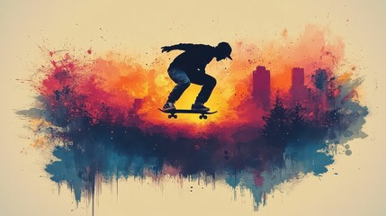 Silhouette of skateboarder performing an ollie trick against a colorful cityscape sunset backdrop.