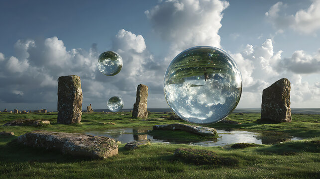 Dreamscape landscape with stone monoliths and floating crystal balls for fantasy art and surreal concept 3d