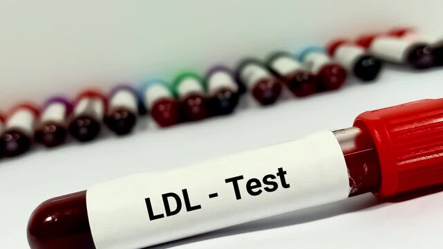 Scientist holds Blood sample for LDL (low-density lipoprotein) test. Lipid profile. Bad Cholesterol Medical testing concept footage.