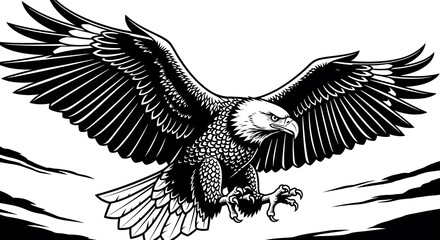 Fototapeta premium Black and White Illustration of a Fierce Eagle in Flight with Spread Wings and Talons Extended