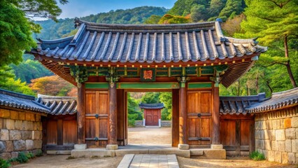 Naklejka premium Serene Traditional Asian Gateway Framed by Nature's Beauty