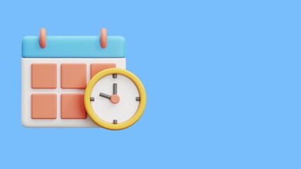 3d calendar icon and clock on blue background. Suitable for time management concepts in designs for events or scheduling apps - Powered by Adobe