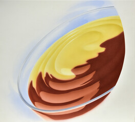 Airbrush Illustration aus den 1990er Jahren, Vanille- und Schokopudding in Glasschale
