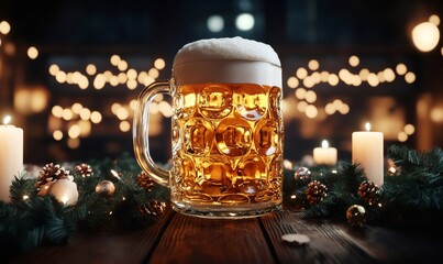 Large mug of christmas beer on a wooden table with christmas decoration and candles, in a warm and festive atmosphere