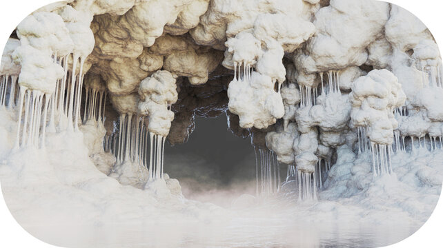Ethereal ice cave entrance with dripping icicles and misty water frozen winter