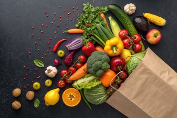 Fresh Vegetables and Fruits Arranged Creatively on a Dark Surface