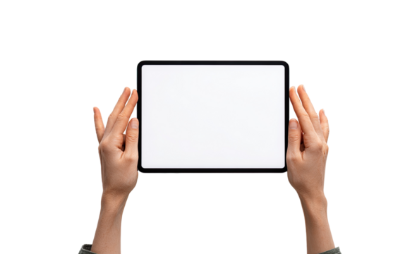 Hands holding a tablet with blank screen