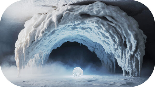 Crystal gem glowing inside an icy cave with stalactites and mist ice cave frozen - Powered by Adobe