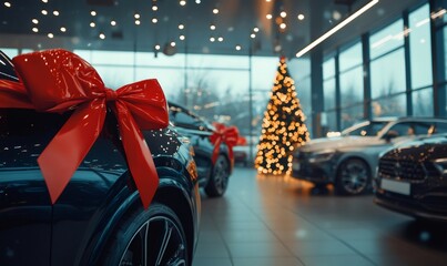 New cars wrapped with red ribbons are waiting for their new owners in a dealership during christmas time