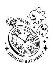 Broken Pocket Watch With Tiny Grinning Skulls, Spooky Halloween Illustration, Creepy Gothic Clock Design, Dark Vector Art