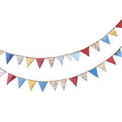 Fototapeta premium Vibrant fabric flags in various patterns hang across the room, creating a joyful ambiance for a special event