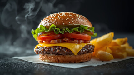 A juicy cheeseburger with beef patty, melted cheese, and fresh lettuce, tomatoes, and onions on a sesame bun