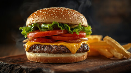 A fresh cheeseburger with grilled beef, lettuce, and tomato on a wooden table