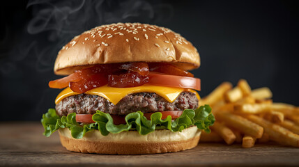 Delicious beef cheeseburger with lettuce, tomato, and cheese on a wooden table