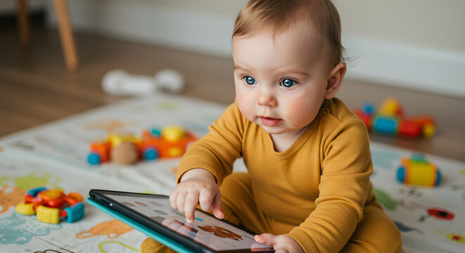 A baby tapping on a tablet screen with a fascinated mood representing modern childhood