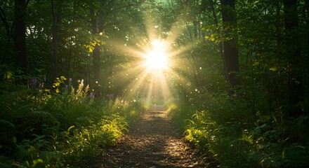 Sunlight Shining Through Lush Green Forest Path in Morning Natural Light