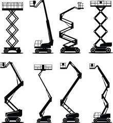 Aerial work platform, boom lift, scissor lift, cherry picker, construction equipment, industrial machinery, maintenance lift, safety platform, elevated work, hydraulic arm © Merajul