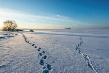 Footprints in the Snow on a Serene Winter Evening Landscape