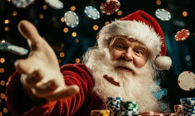 Santa claus playing poker and throwing chips in the air on christmas night