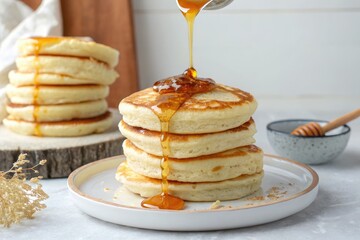 Delicious Pancakes Stacked High With Syrup Dripping in Morning Light