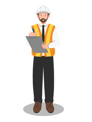 Engineer in safety vest and helmet checking compliance, workplace inspection and occupational safety illustration