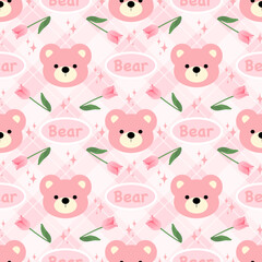seamless pattern with pink flowers and bear, fabric pattern, gift wrapping paper, notebook cover, phone case, pillow case, blanket pattern 