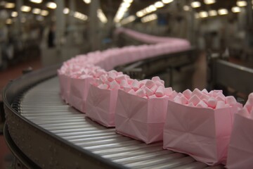 A conveyor belt in a manufacturing facility transports pink packaging materials as workers manage the production process during the morning Generative AI